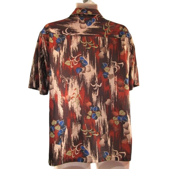 Vintage 70s Joel Cal Made Polyester Disco Shirt Wood Foliage Pattern Mens Lg GUC - Picture 3 of 16